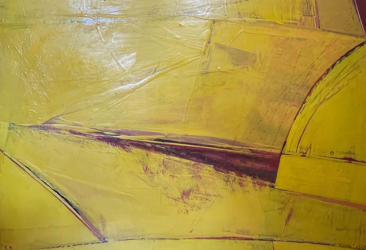 Serge Detriaux "yellow Abstraction" Abstract Painting, Oil On Panel, 1982